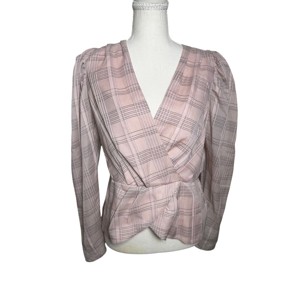 Express Women’s Pink Plaid Wrap Blouse Puff Sleeve Peplum Top Medium